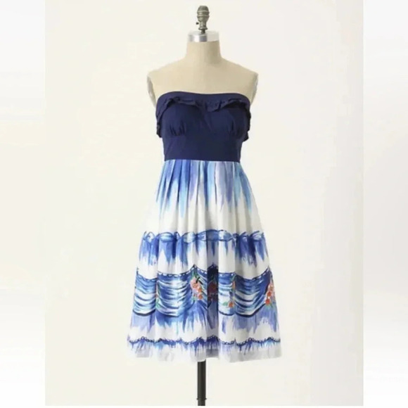 Anthropologie Blue Curtain Print First Dance Dress by Nathalie Lete Size 2 (455) - Picture 1 of 5